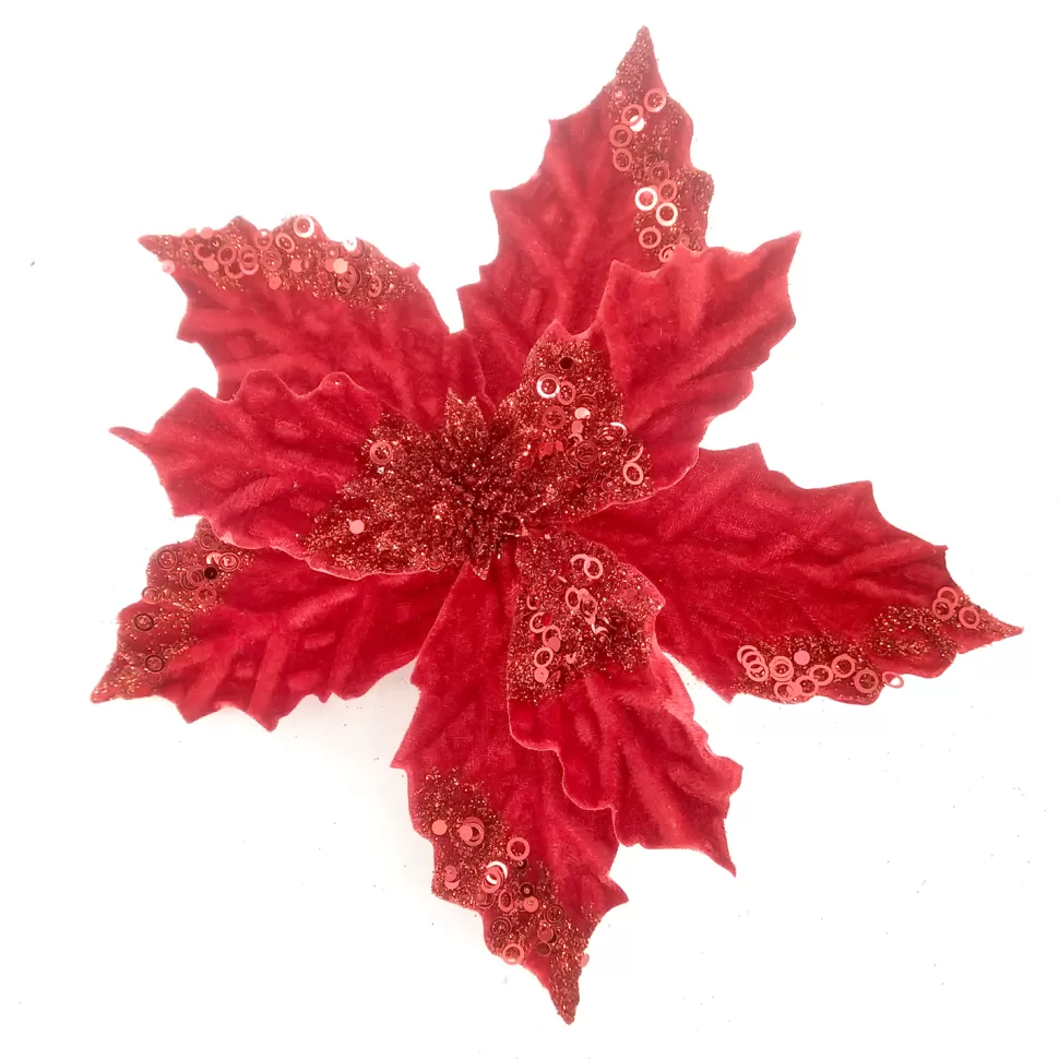 Christmas Forever POINSETTIA HEAD RED 5″ VELVET W/ SEQUIN & CLIP