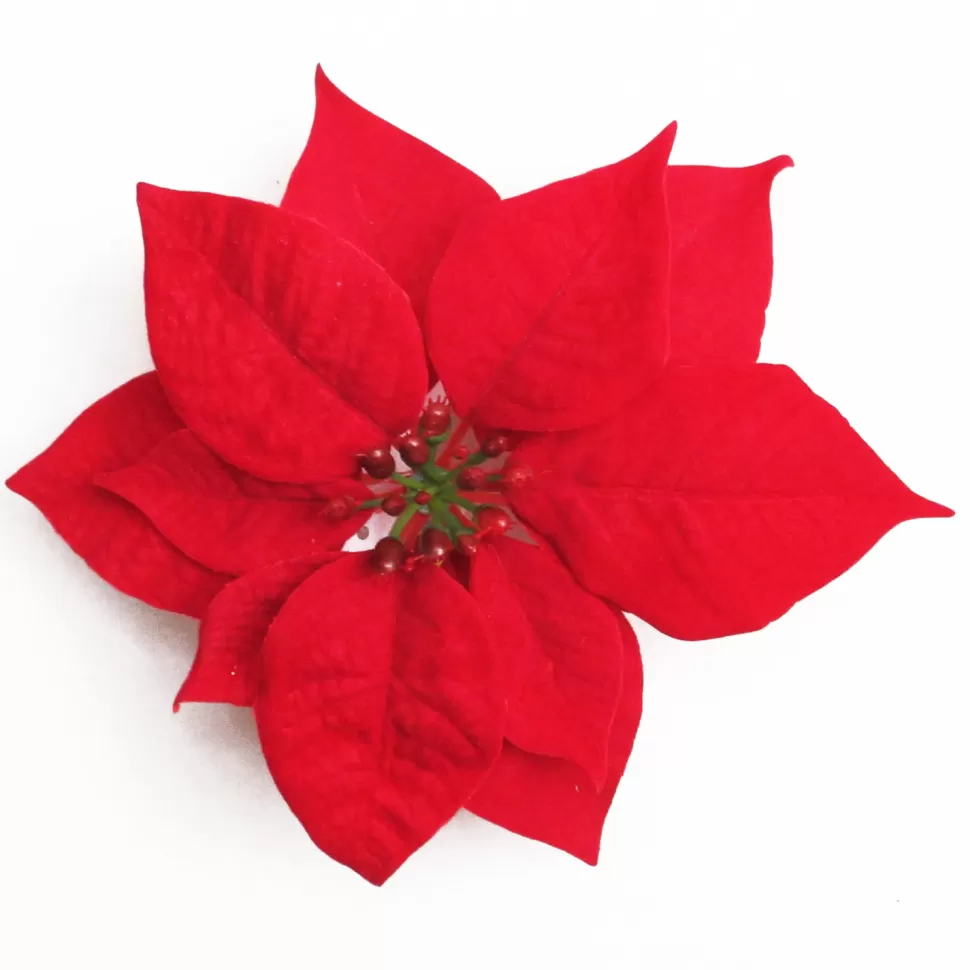 Christmas Forever POINSETTIA HEAD RED 6.5″ VELVET WITH CLIP