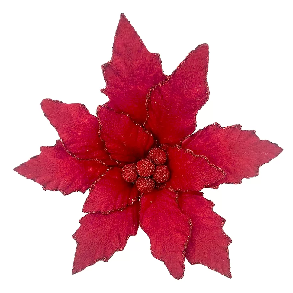 Christmas Forever POINSETTIA HEAD RED 7.5″ VELVET W/ GLITTER & CLIP