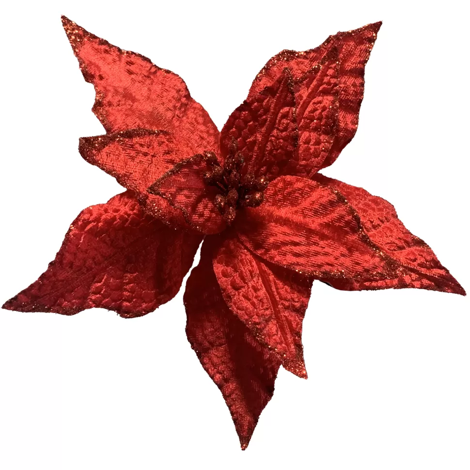 Christmas Forever POINSETTIA HEAD RED 7.5″ VELVET W/ GLITTER EDGE & CLIP