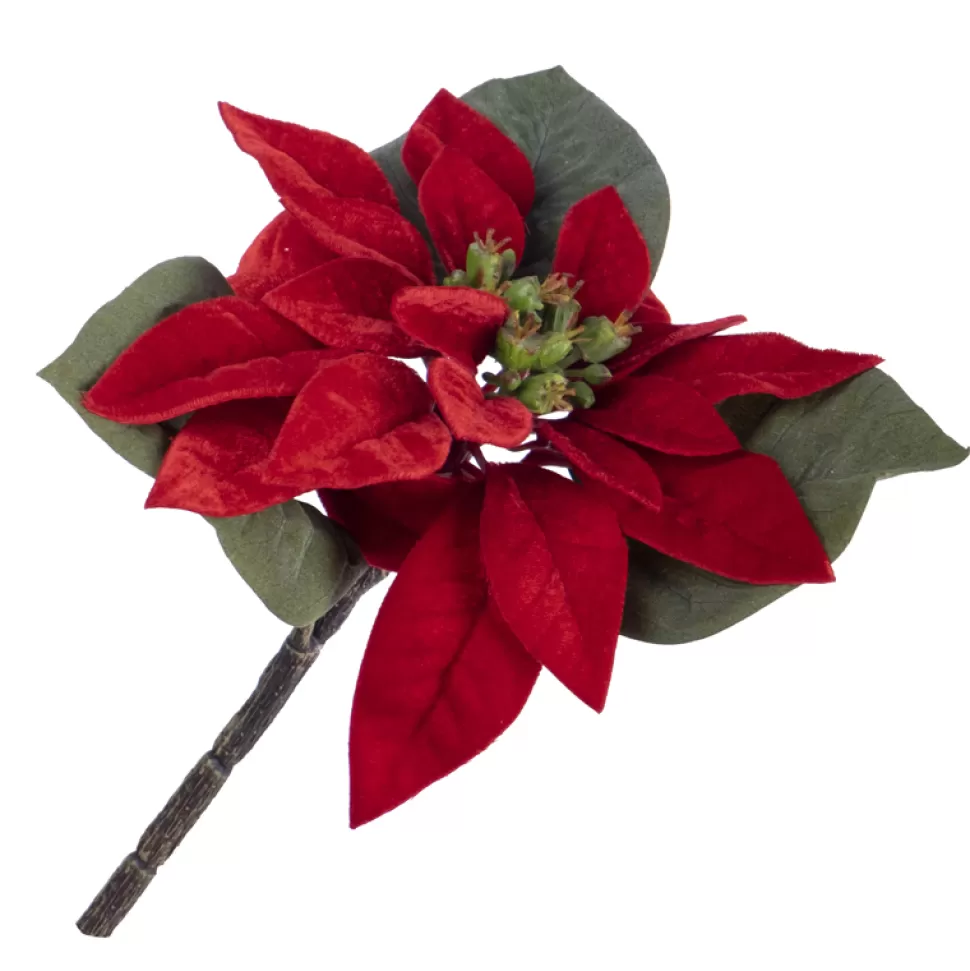 Christmas Forever POINSETTIA HEAD RED 9.5″ W/ GREEN LEAVES W/PICK