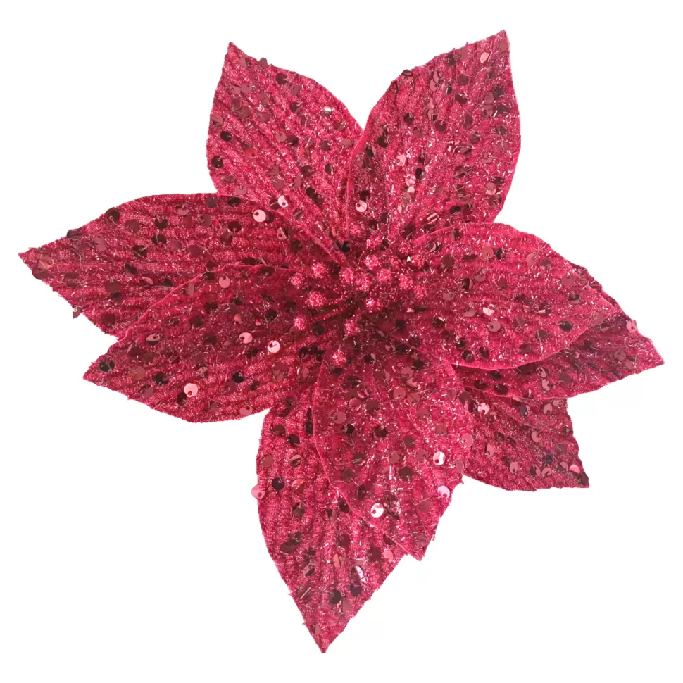 Christmas Forever POINSETTIA HEAD RED 9″ FABRIC W/ SEQUINS & CLIP
