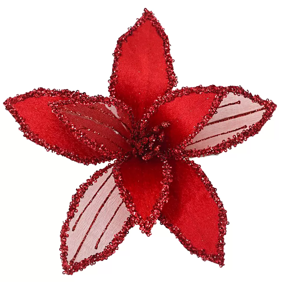 Christmas Forever POINSETTIA HEAD RED 9″ VELVET SHEER W/ CLIP