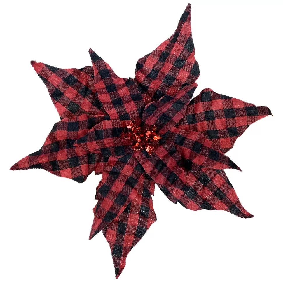 Christmas Forever POINSETTIA HEAD RED / BLACK 9″ PLAID W/GLITTER & CLIP