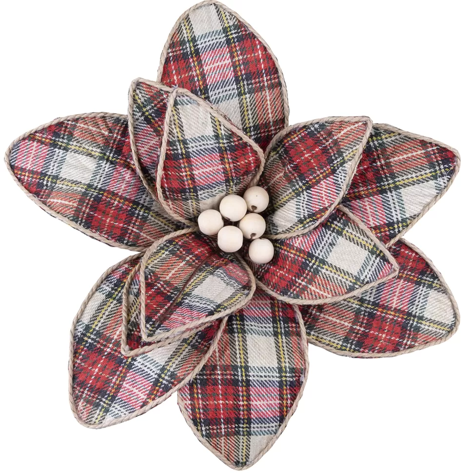 Christmas Forever POINSETTIA HEAD RED / GRN/ BEIGE 11″ PLAID W/ WOODEN BEADS & CLIP