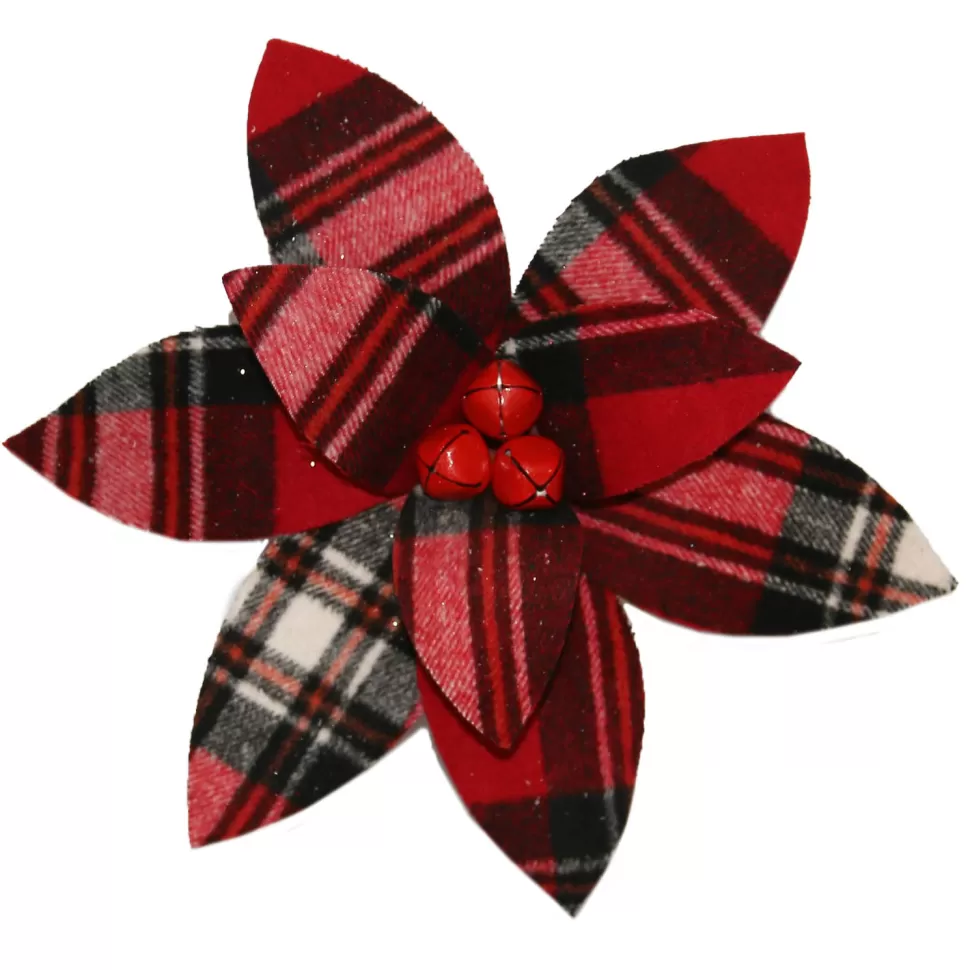 Christmas Forever POINSETTIA HEAD RED /BLACK/WHITE 12.5 PLAID W/BELLS W/CLIP