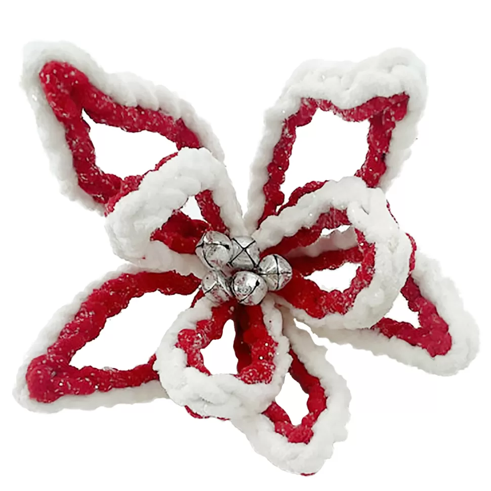 Christmas Forever POINSETTIA HEAD RED /WHITE 8.5″ HOLLOW PETALS W/ BELLS & CLIP