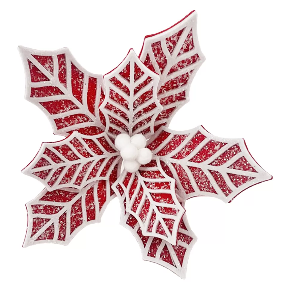 Christmas Forever POINSETTIA HEAD RED/ WHITE 8″ FELT FROSTED LOOK W/ CLIP