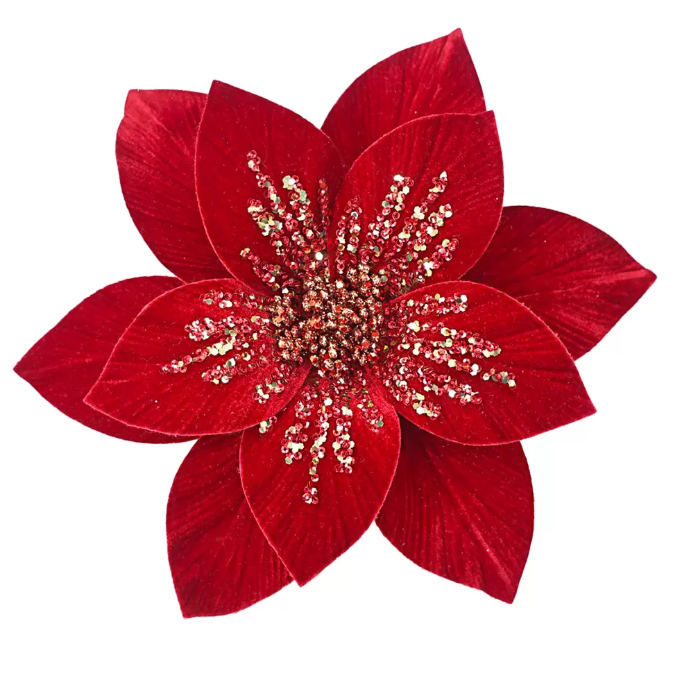 Christmas Forever POINSETTIA HEAD RED-DARK 11.5″ VELVET W/GOLD SEQUINS W/ CLIP