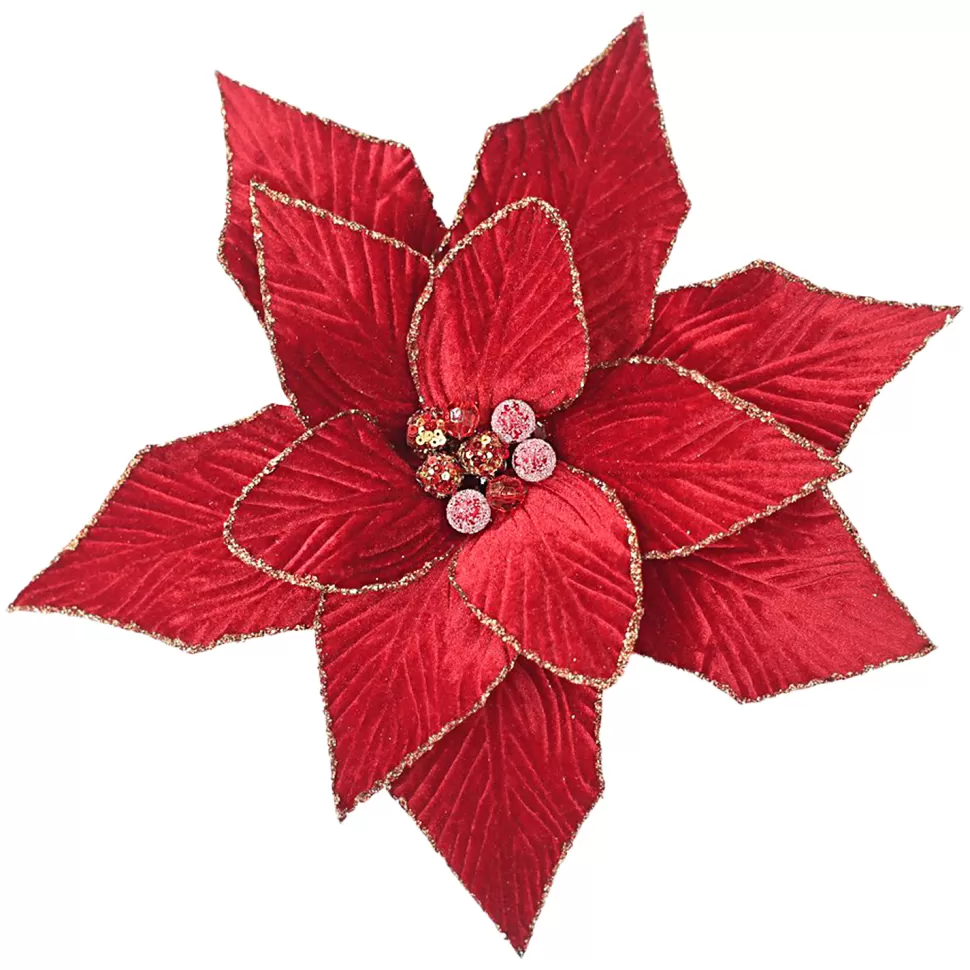 Christmas Forever POINSETTIA HEAD RED-DARK 12″ VELVET W /GOLD GLITTER EDGE W/CLIP