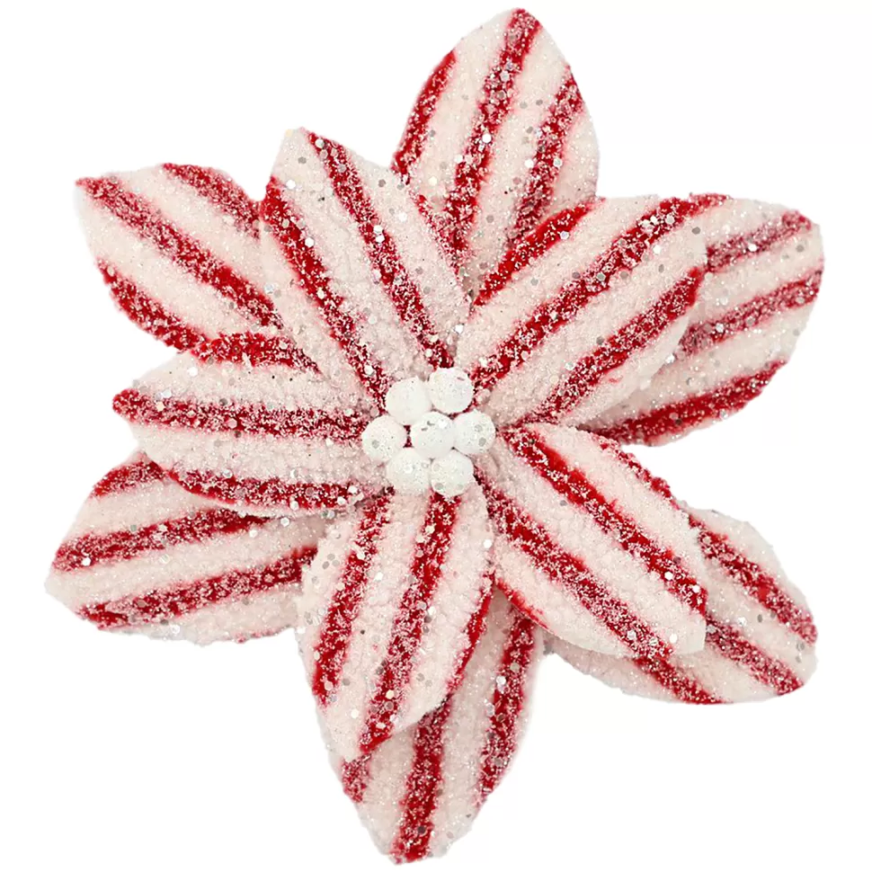 Christmas Forever POINSETTIA HEAD RED/WHITE 10.5″ WOOL RED STRIPES W/ CLIP