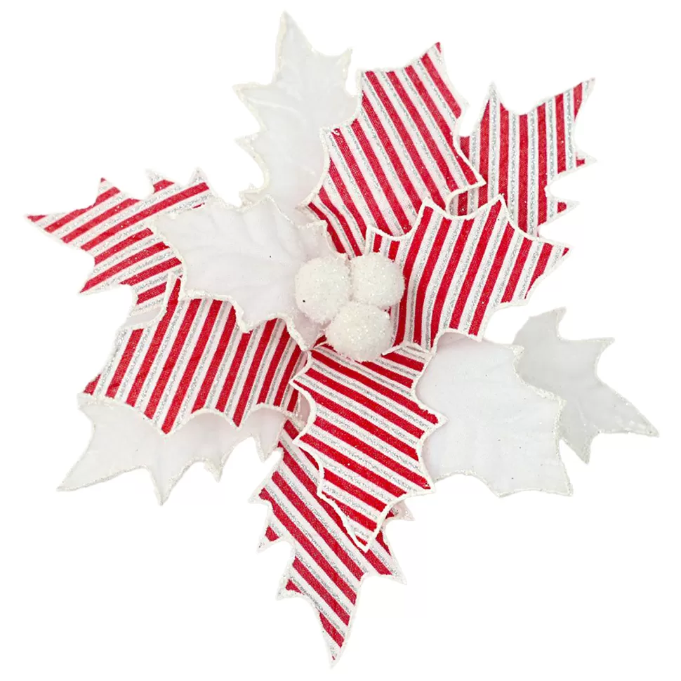 Christmas Forever POINSETTIA HEAD RED/WHITE 10″ VELVET STRIPES W/ CLIP