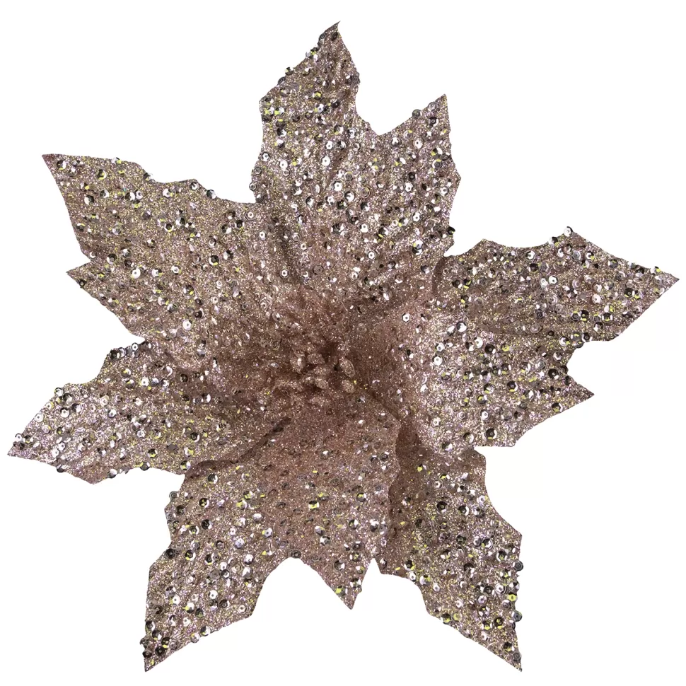 Christmas Forever POINSETTIA HEAD ROSE GOLD 11″ W/ HEAVY GLITTER & SEQUINS W/ CLIP