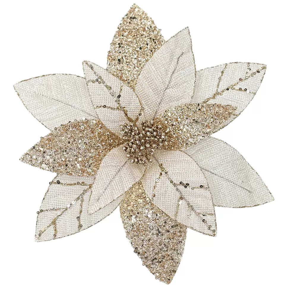 Christmas Forever POINSETTIA HEAD ROSE GOLD 12″ GLITTER METALLIC W/ CLIP
