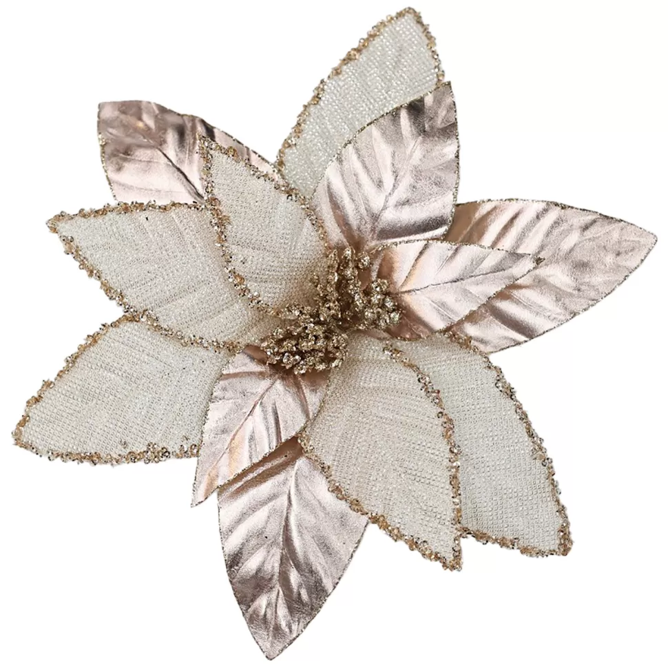 Christmas Forever POINSETTIA HEAD ROSE GOLD 12″ LEATHER/ METALLIC W/ CLIP