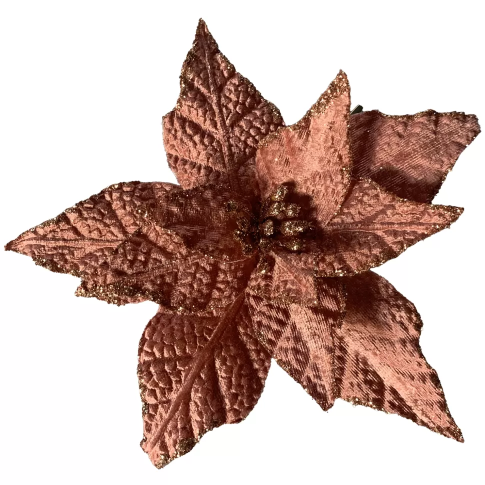 Christmas Forever POINSETTIA HEAD ROSE GOLD 7.5″ VELVET W/ GLITTER EDGE & CLIP
