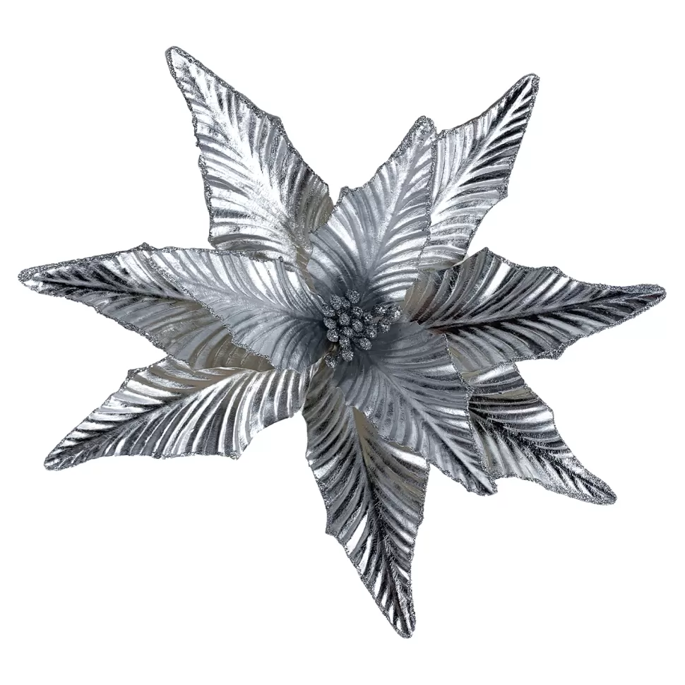 Christmas Forever POINSETTIA HEAD SILVER 10.5″ RIBBED FABRIC W/ CLIP