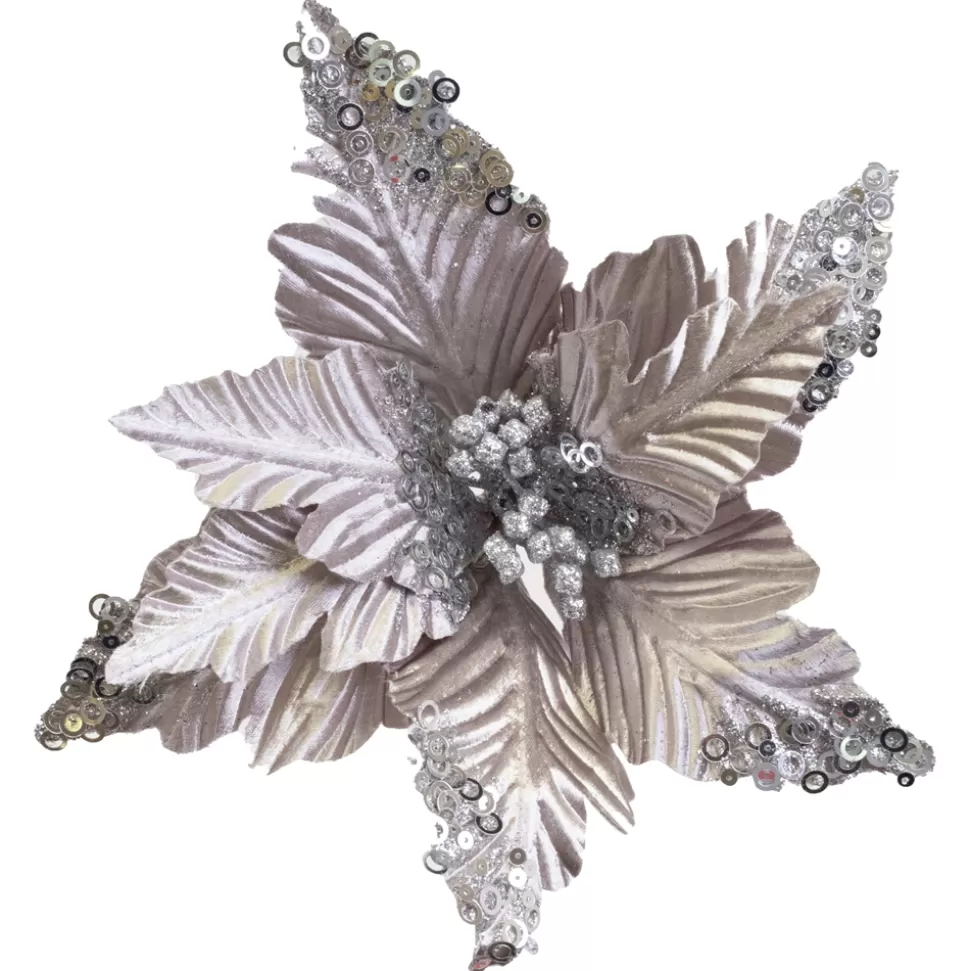 Christmas Forever POINSETTIA HEAD SILVER 10″ EMBOSSED VELVET W/SEQUIN TIPS & CLIP