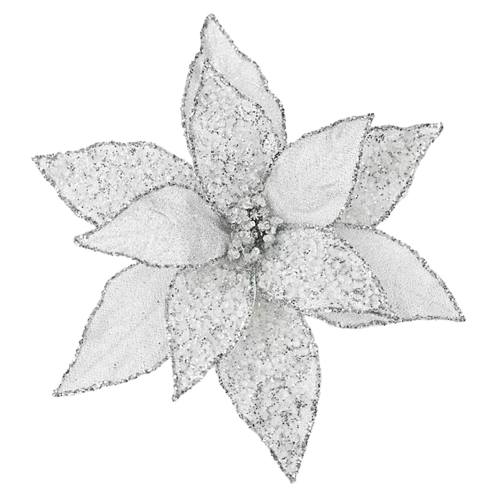 Christmas Forever POINSETTIA HEAD SILVER 11.5″ METALLIC ICED W/ CLIP