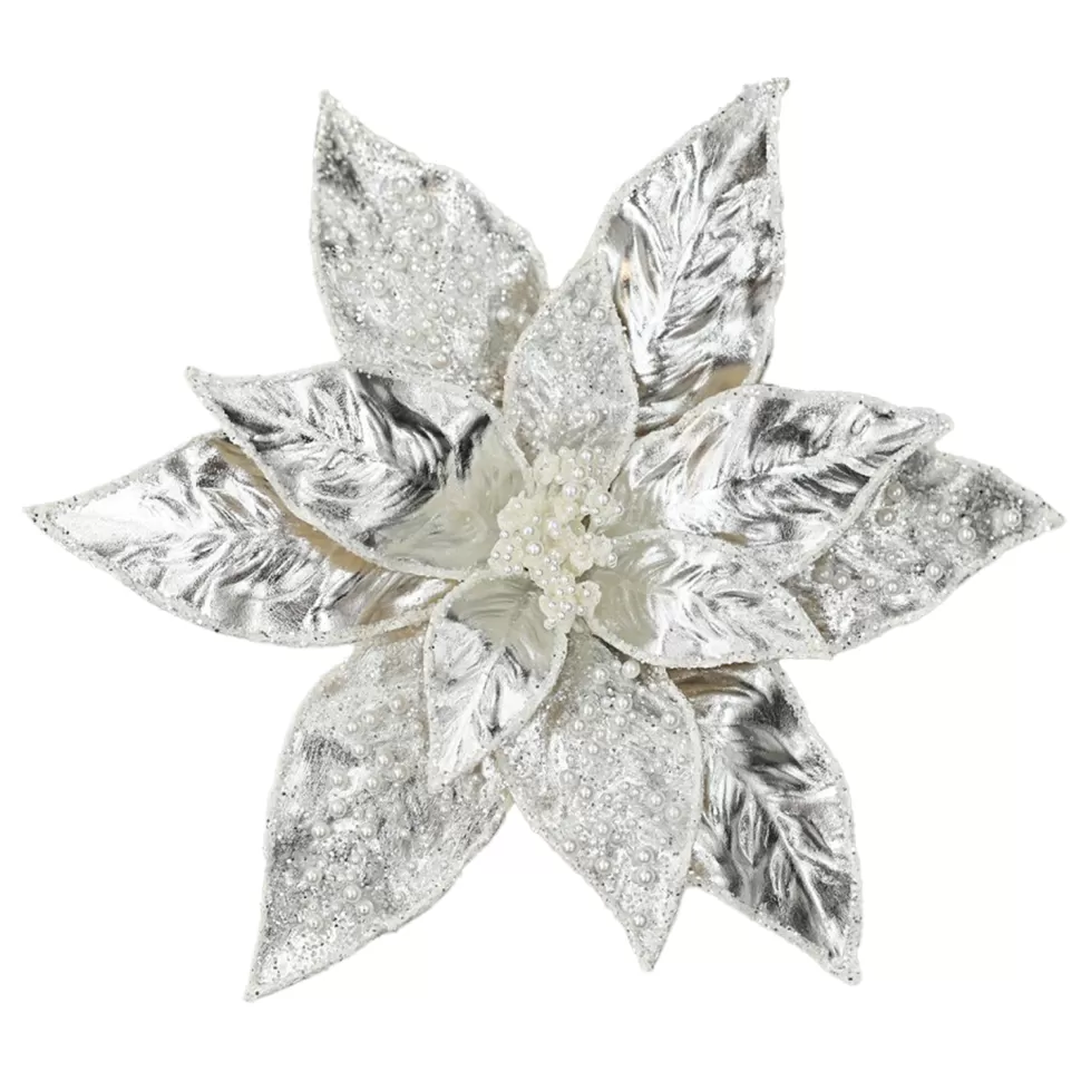 Christmas Forever POINSETTIA HEAD SILVER 11″ METALLIC W/ CLIP