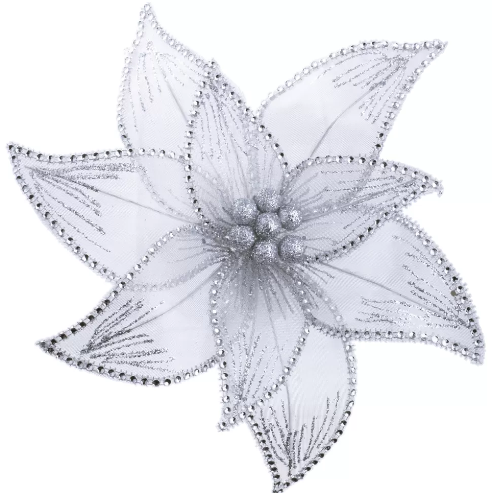 Christmas Forever POINSETTIA HEAD SILVER 11″ SHEER W/ RHINESTONE EDGE & CLIP