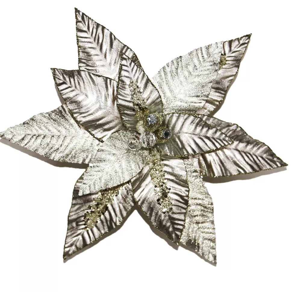 Christmas Forever POINSETTIA HEAD SILVER 12.5″ SHINY W/ GLTR W/CLIP