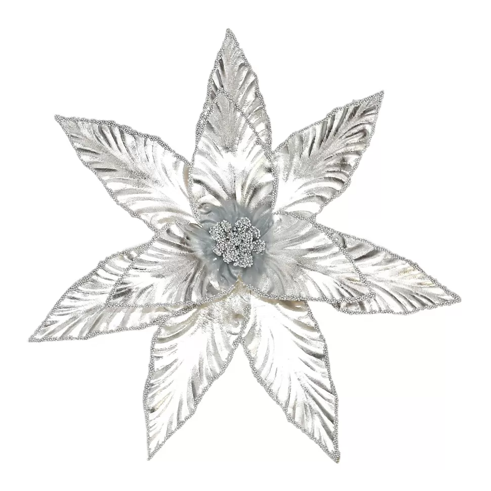 Christmas Forever POINSETTIA HEAD SILVER 12″ METALLIC W/GLTR. & CLIP