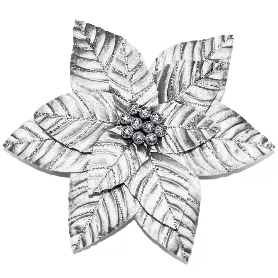 Christmas Forever POINSETTIA HEAD SILVER 13″ W/ GLITTER W/ CLIP