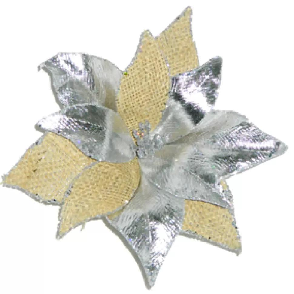 Christmas Forever POINSETTIA HEAD SILVER 8″NATURAL BURLAP/ METALIC W/CLIP