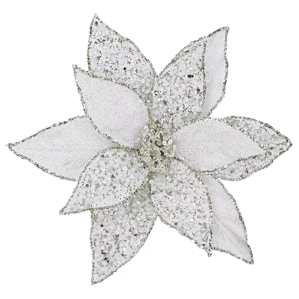 Christmas Forever POINSETTIA HEAD SILVER/PT 11.5″ METALLIC ICED W/ CLIP