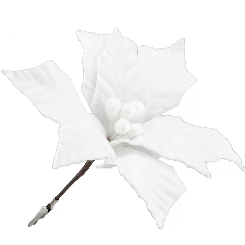 Christmas Forever POINSETTIA HEAD WHITE 10″ VELVET W/GLITTER & CLIP