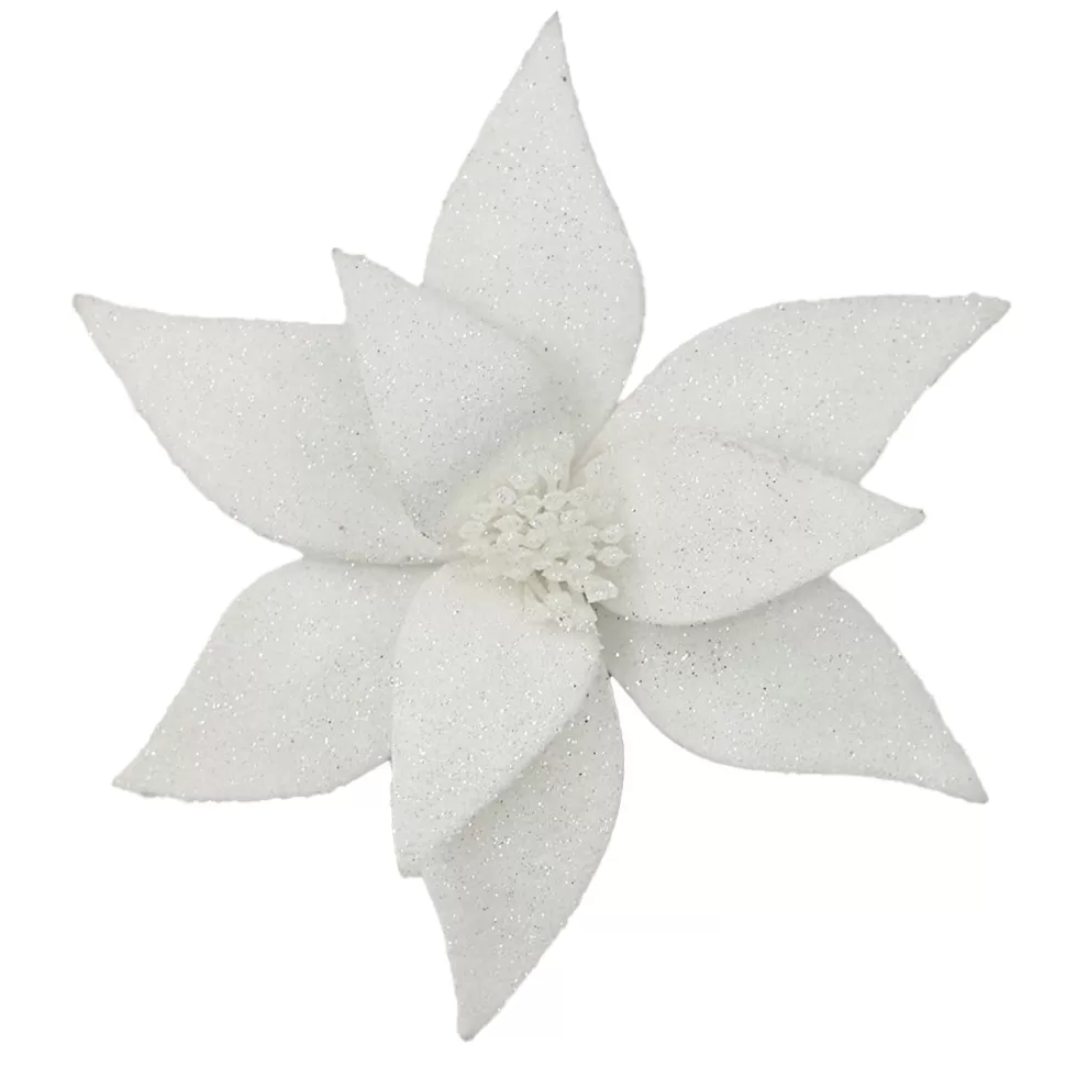 Christmas Forever POINSETTIA HEAD WHITE 11.5″ FROSTED WOOL W/ CLIP