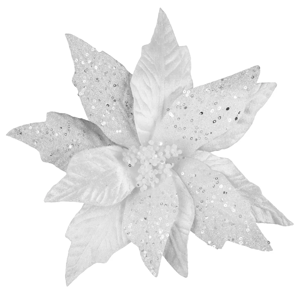 Christmas Forever POINSETTIA HEAD WHITE 11″ VELVET & NET W/ GLITTER CLIP