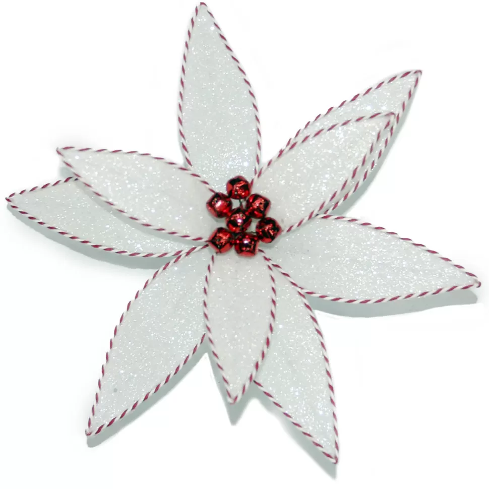 Christmas Forever POINSETTIA HEAD WHITE 12″ GLITTER W/ RED/WHITE EDGE W/ CLIP