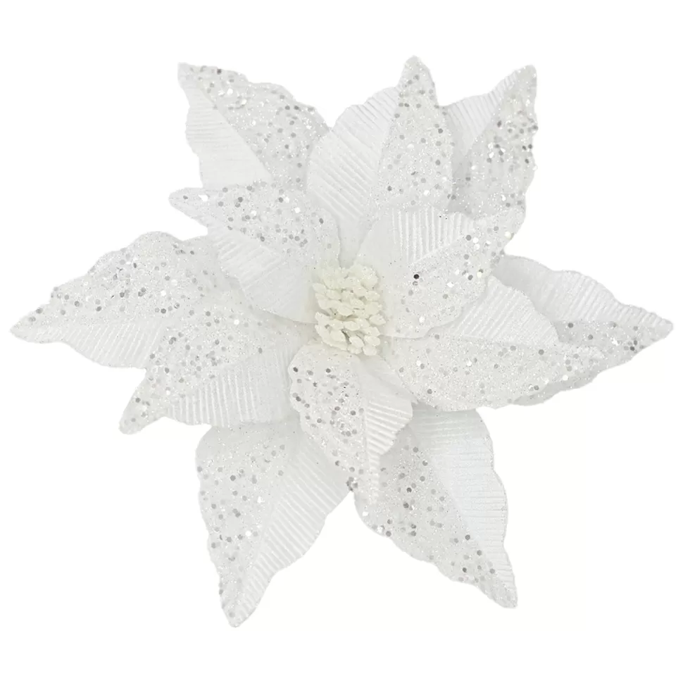 Christmas Forever POINSETTIA HEAD WHITE 12″ VELVET GLITTER & CLIP