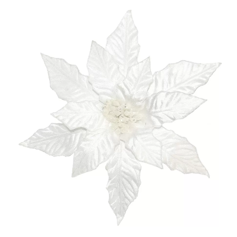 Christmas Forever POINSETTIA HEAD WHITE 12″ VELVET W/ GLITTER & CLIP