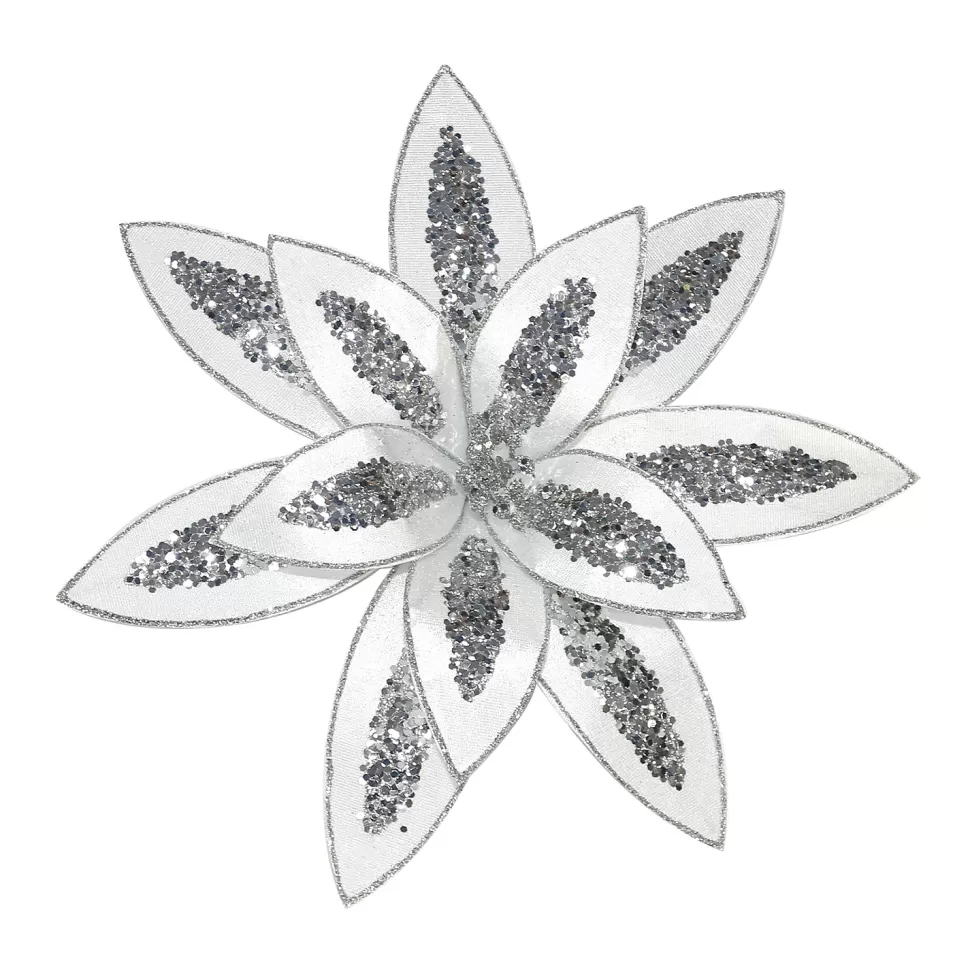 Christmas Forever POINSETTIA HEAD WHITE 13″ VELVET W/ SILVER GLTR. & CLIP