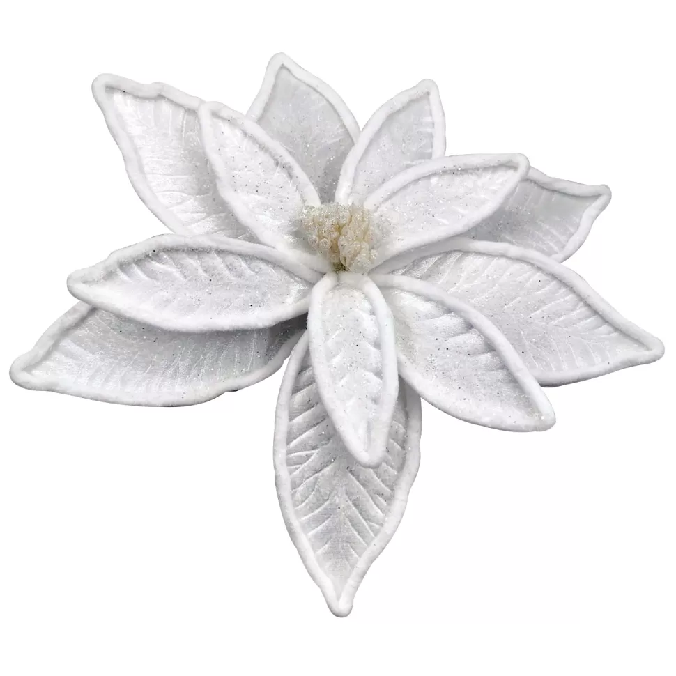 Christmas Forever POINSETTIA HEAD WHITE 14″ VELVET W/ WHITE TRIM & CLIP