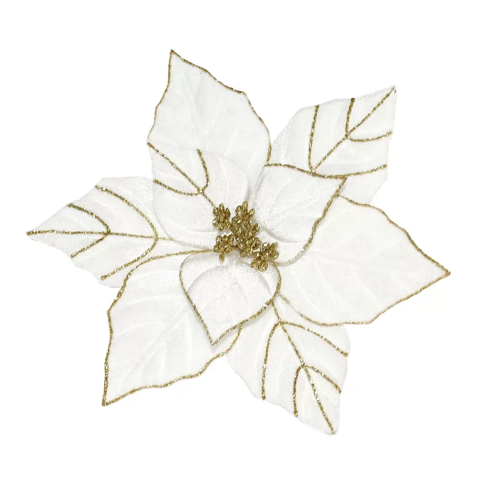Christmas Forever POINSETTIA HEAD WHITE 9.5″ VELVET | W/GOLD GLITTER & CLIP