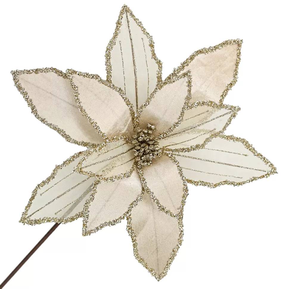Christmas Forever POINSETTIA STEM CHAMPAGNE 16″ HEAD VELVET SHEER W/ 20″ STEM