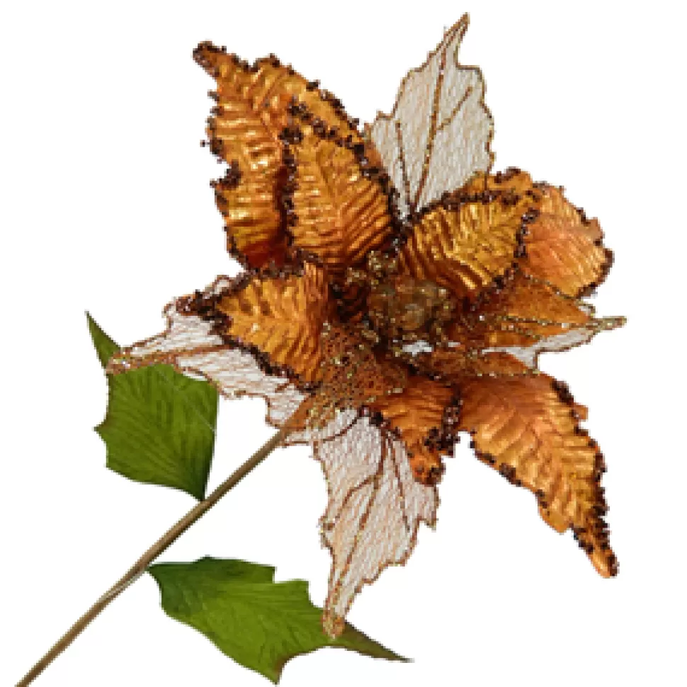 Christmas Forever POINSETTIA STEM COPPER 11″ HEAD METALLIC W/GLITTER TRIM