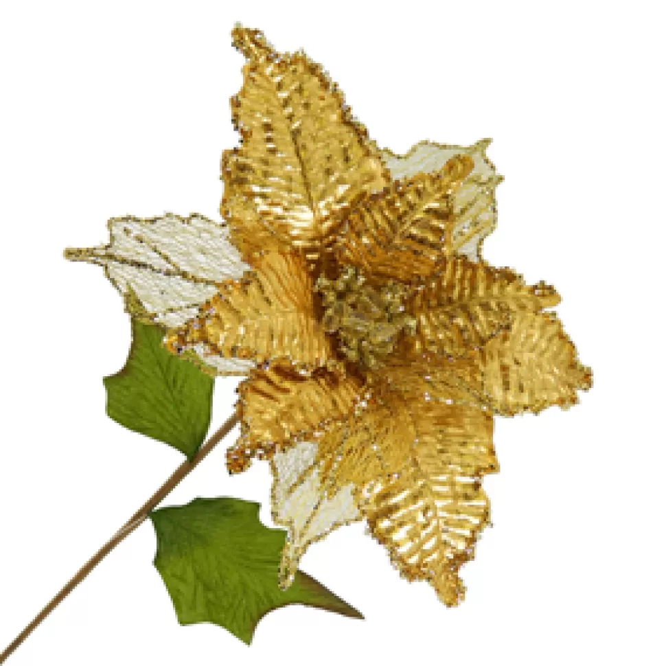 Christmas Forever POINSETTIA STEM GOLD 11″ HEAD METALLIC W/GLITTER TRIM