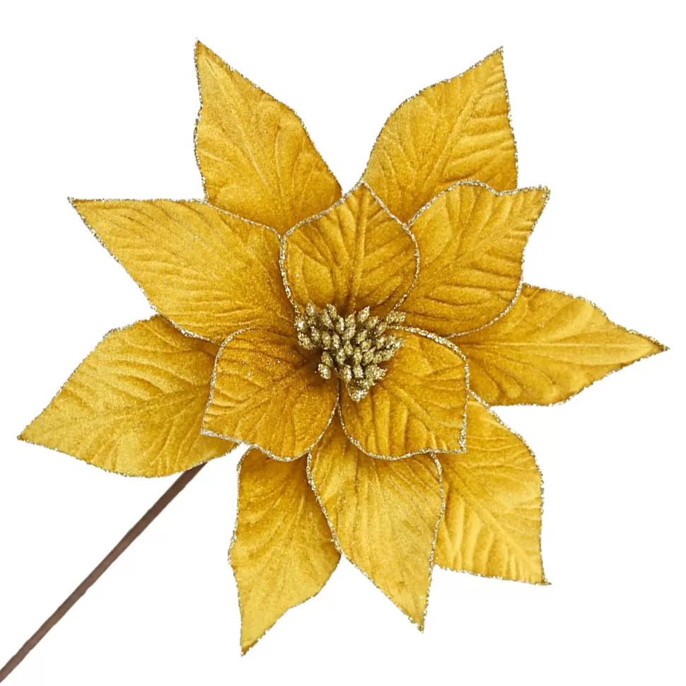 Christmas Forever POINSETTIA STEM GOLD 12″ VELVET W/ 20″ STEM