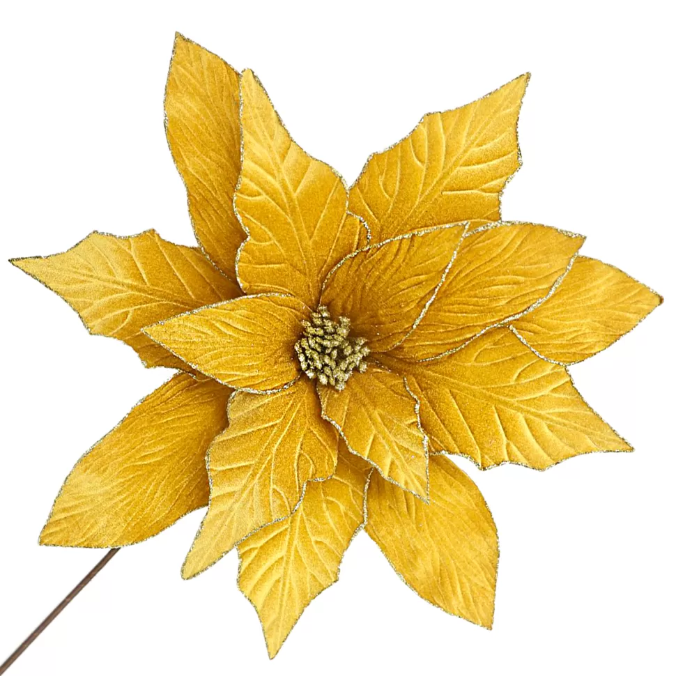 Christmas Forever POINSETTIA STEM GOLD 18″ HEAD VELVET W/ 24″ STEM
