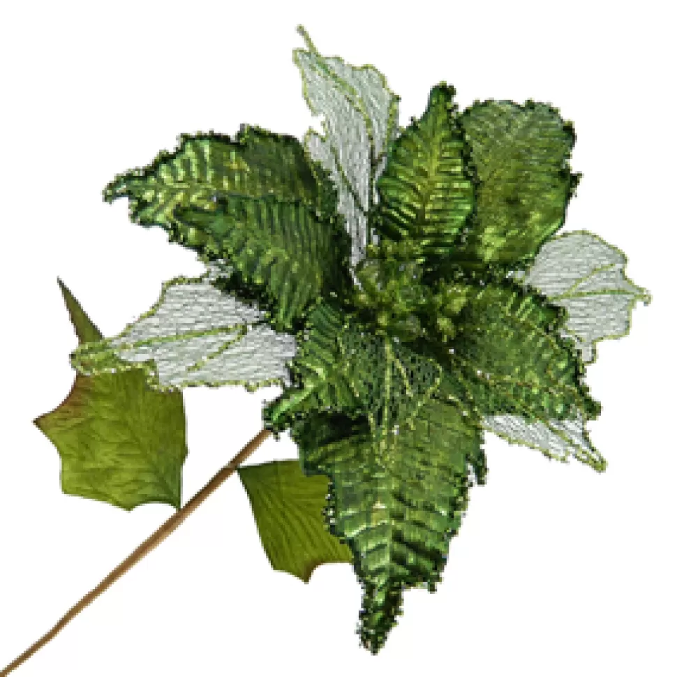 Christmas Forever POINSETTIA STEM GREEN 11″ HEAD METALLIC W/GLITTER TRIM