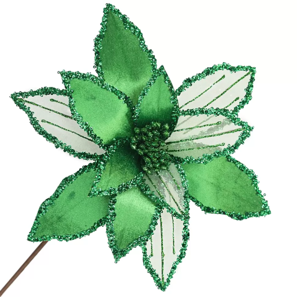 Christmas Forever POINSETTIA STEM GREEN EMERALD 12″ HEAD VELVET SHEER W/ 20″ STEM