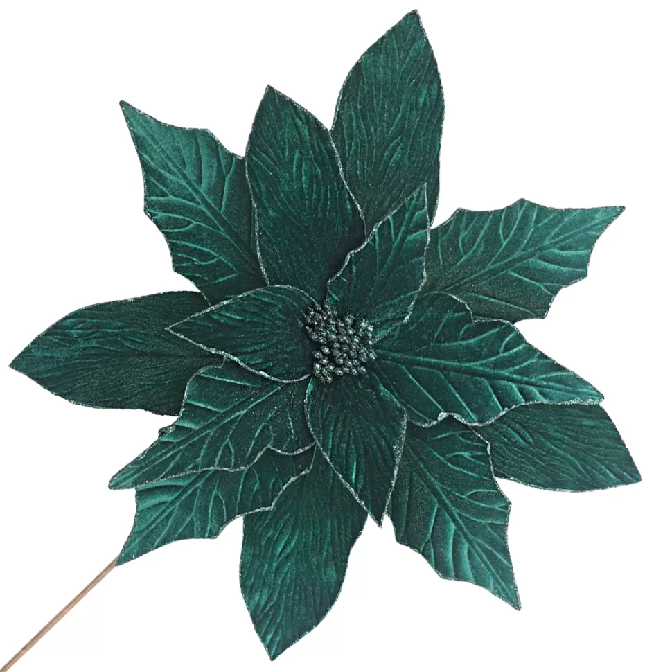 Christmas Forever POINSETTIA STEM GREEN EMERALD 18″ HEAD VELVET W/ 24″ STEM