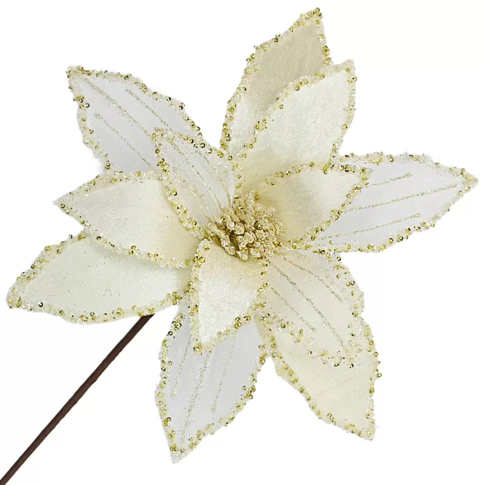 Christmas Forever POINSETTIA STEM IVORY 12″ HEAD VELVET SHEER W/ 20″ STEM