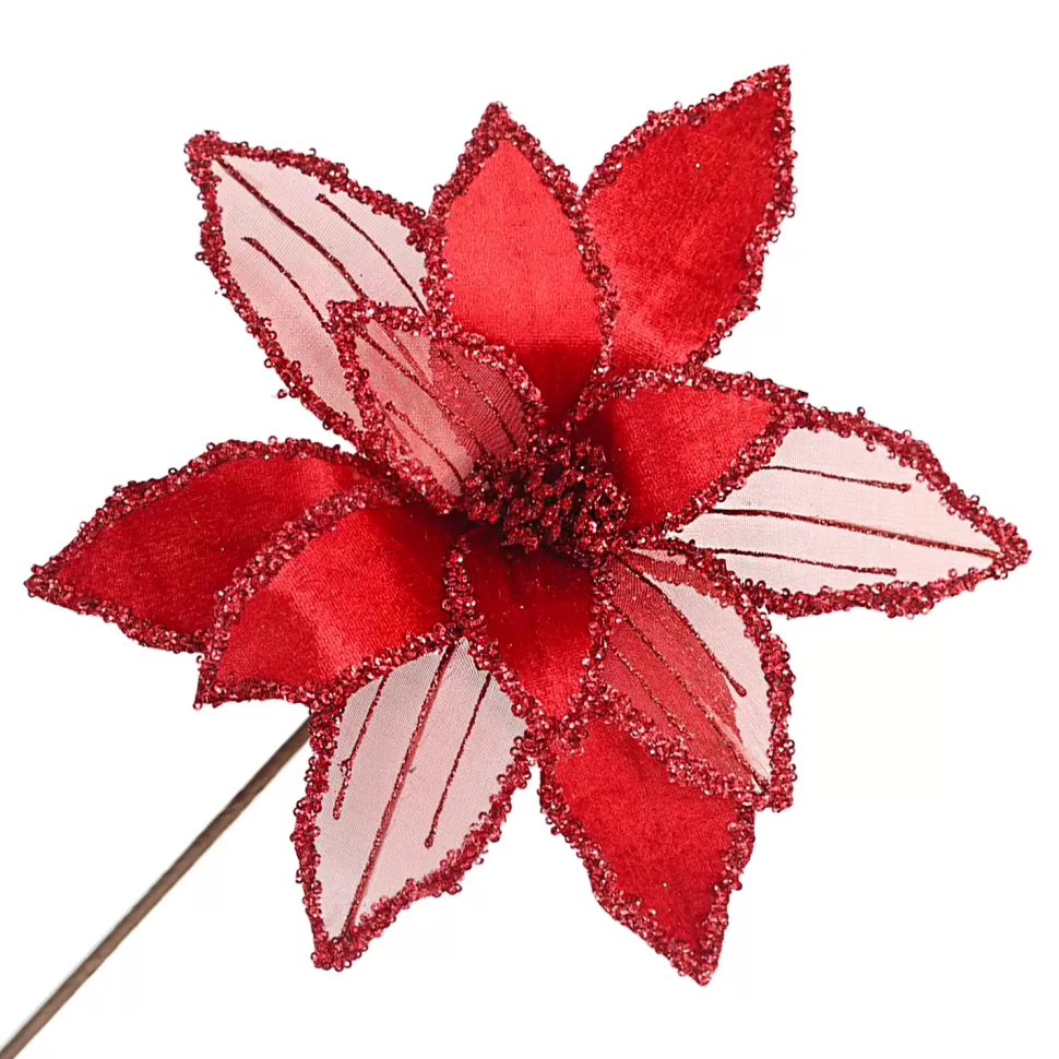 Christmas Forever POINSETTIA STEM RED 12″ HEAD VELVET SHEER W/ 20″ STEM
