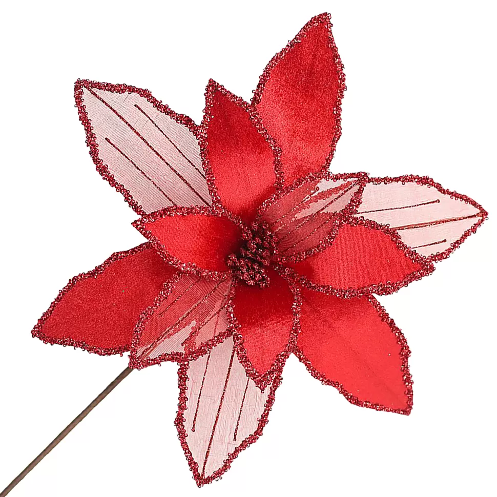 Christmas Forever POINSETTIA STEM RED 16″ HEAD VELVET SHEER W/ 20″ STEM